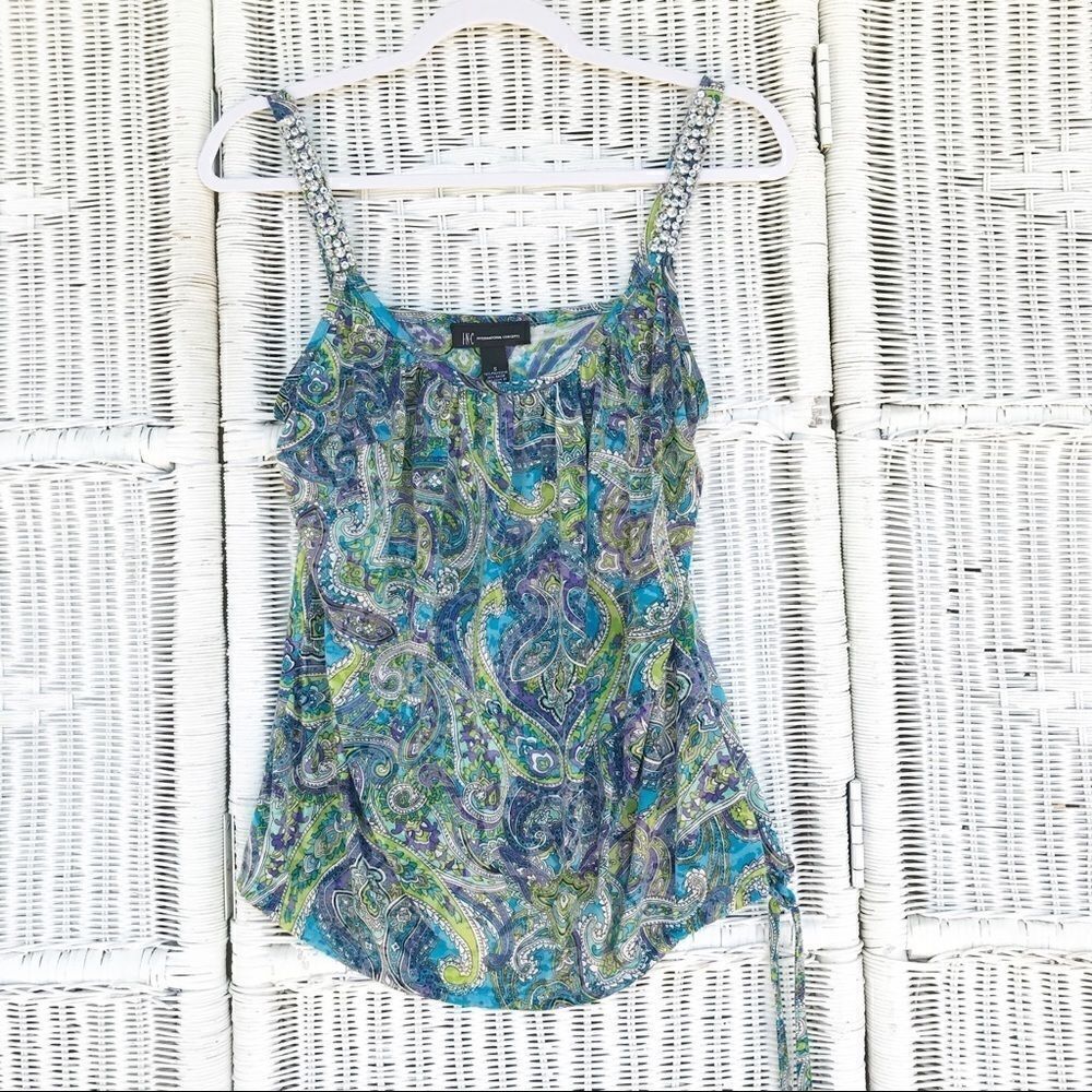 INC Rhinestone Strap Blue Paisley Boho Tank S